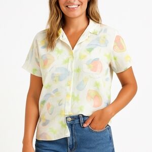 Vtg 90s Fresh Produce Pastel Beach Print Button Front Shirt XL Coastal USA